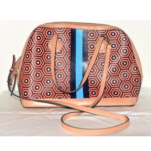 Jonathan Adler Geometric Print Tan/Blue Faux Leather Satchel w/Strap Purse